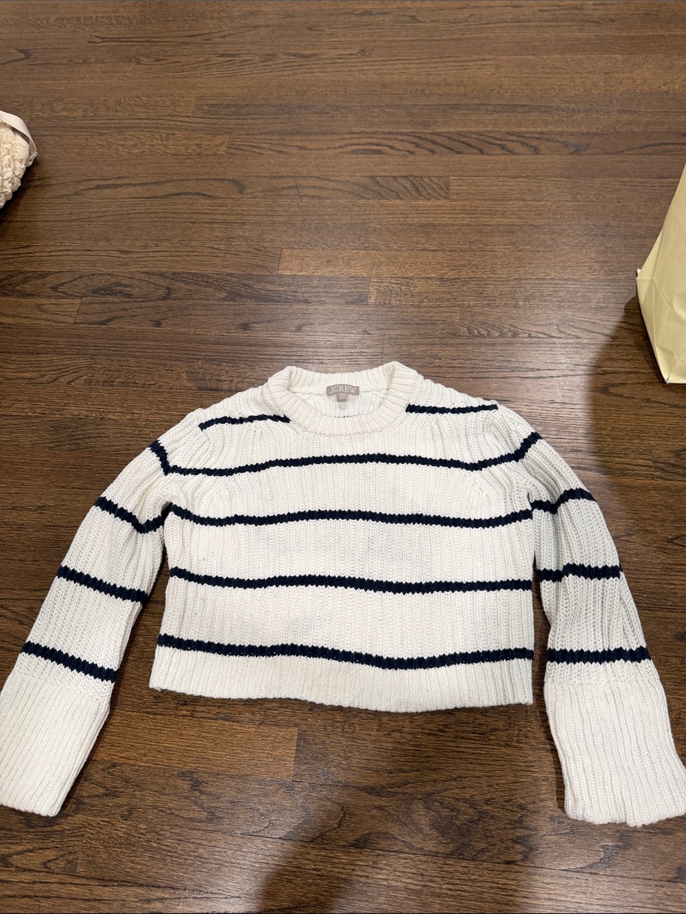 J. Crew Cream & Navy Striped Cropped Crewneck Sweater